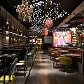 Modern Restaurant Interior Design With Cherry Blossom Decor Seating Area And Yellow Chairs