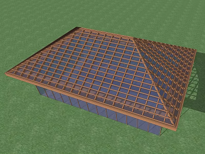 Square Glass Roof Structure With Wooden Frame On Green Grass Field 3d model