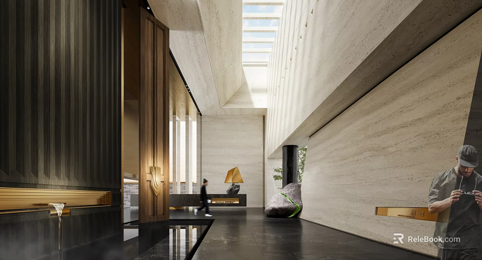 Modern Luxury Sales Office Lobby With Spacious High Ceiling And Premium Natural Stone Interior Design 3d model 