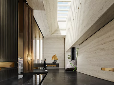 Modern Luxury Sales Office Lobby With Spacious High Ceiling And Premium Natural Stone Interior Design 3d model