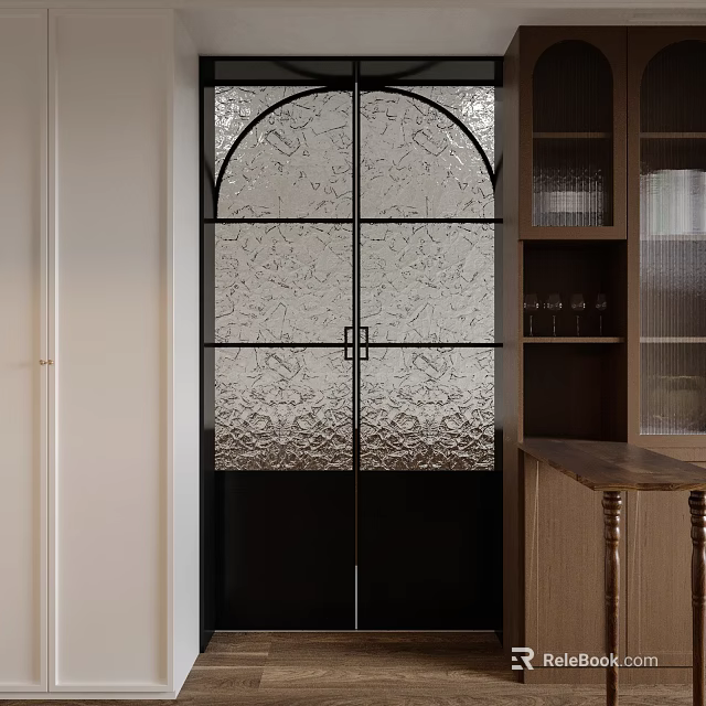 Modern Black Frame Sliding Doors With Patterned Glass For Stylish Home Interior 3d model