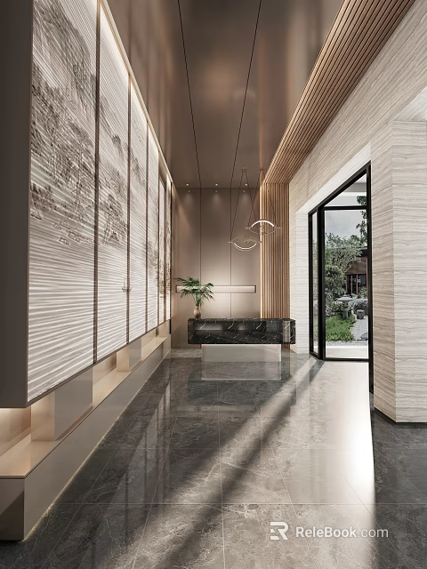 Modern Luxurious Sales Office Interior With Spacious Entrance Marble Flooring And Green Plants 3d model 