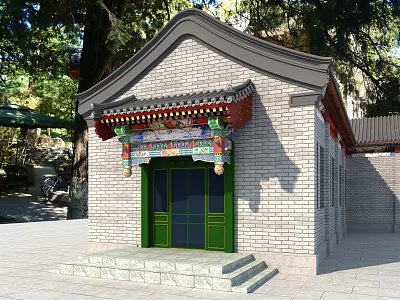 Chinese Style Entrance Gate With Brick Structure Green Door And Colorful Decorations 3d model