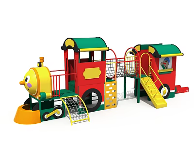 Colorful Train Shaped Kids Playground Structure With Slide Stairs And Mesh 3d model
