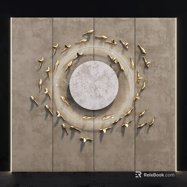 Modern Elegant Gray Wall Background with Golden Flying Birds and Circular Decorative Design 3d model 