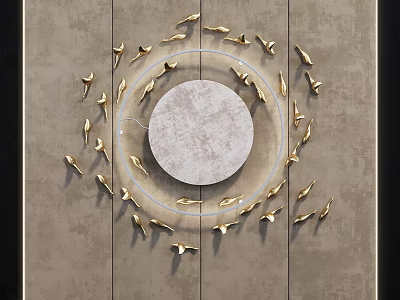 Modern Elegant Gray Wall Background with Golden Flying Birds and Circular Decorative Design 3d model