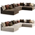 Stylish Sectional Sofa With Multiple Cushions In Neutral And Brown Tones 3d model