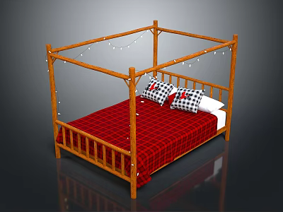 Wooden Four Poster Bed With Red Plaid Bedspread Black White Checkered Pillows And String Lights 3d model