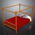 Wooden Four Poster Bed With Red Plaid Bedspread Black White Checkered Pillows And String Lights