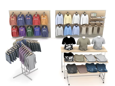 Hangers With Various Colored Hanging Clothes Folded Garments And Retail Display Racks 3d model