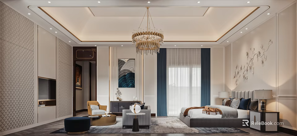 Elegant Modern Hotel Guest Room Interior With Chandelier Bed Sofa Window Curtains And Decorative Rug 3d model 