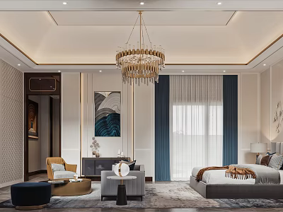 Elegant Modern Hotel Guest Room Interior With Chandelier Bed Sofa Window Curtains And Decorative Rug 3d model