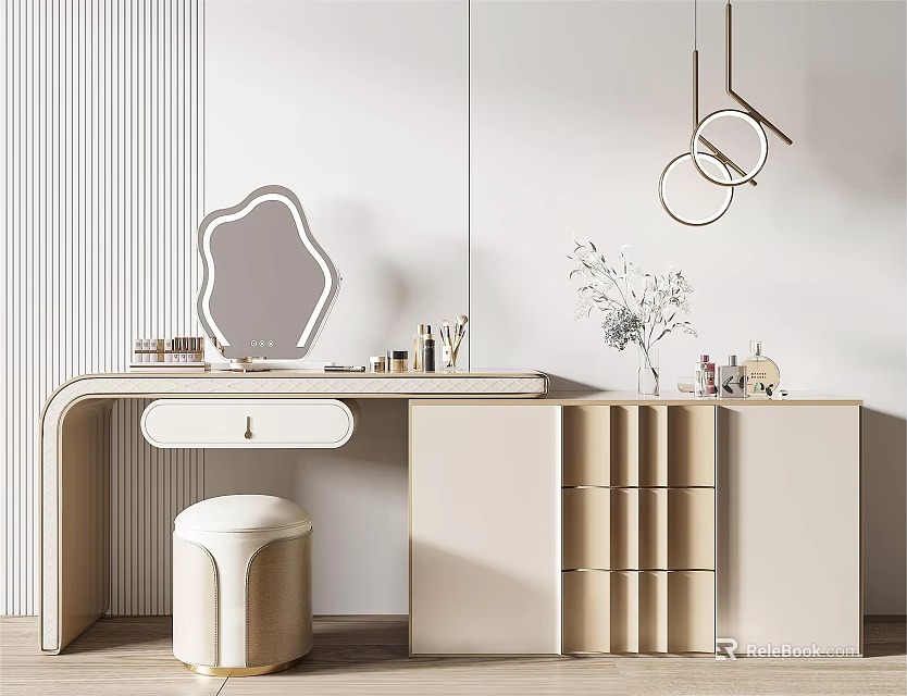Elegant Minimalist Dressing Table Interior Design With Irregular Mirror Stool And Drawers 3d model 