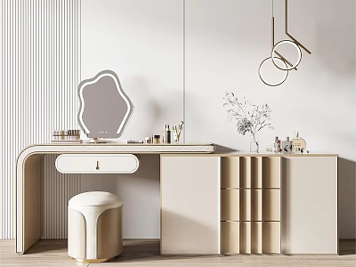 Elegant Minimalist Dressing Table Interior Design With Irregular Mirror Stool And Drawers 3d model