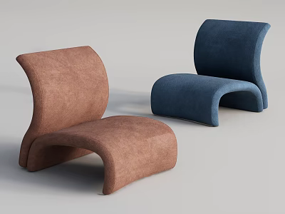 Set of Two Curved Leisure Chairs in Brown and Blue Upholstered Design 3d model