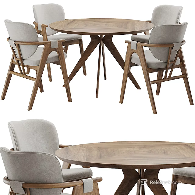 Round Wooden Dining Table Set with Light Gray Upholstered Armchairs and Wooden Frame 3d model 