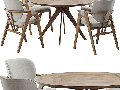 Round Wooden Dining Table Set with Light Gray Upholstered Armchairs and Wooden Frame 3d model