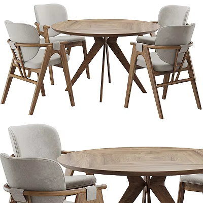 Round Wooden Dining Table Set with Light Gray Upholstered Armchairs and Wooden Frame 3d model