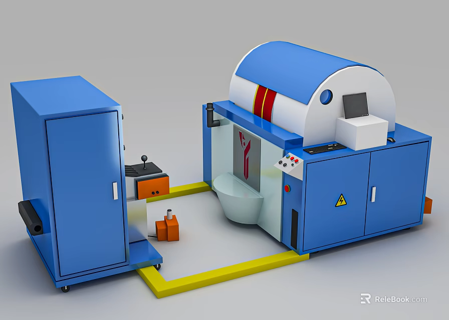 Blue Industrial Equipment With Drum Control Panel Adjacent Cabinet And Yellow Warning Line 3d model 