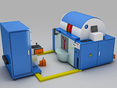 Blue Industrial Equipment With Drum Control Panel Adjacent Cabinet And Yellow Warning Line 3d model