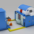 Blue Industrial Equipment With Drum Control Panel Adjacent Cabinet And Yellow Warning Line
