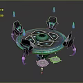 Futuristic Circular Furniture with Geometric Parts and Glowing Blue Green Accents