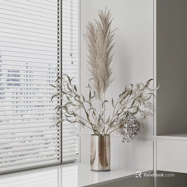 Modern Copper Vase with Dried Pampas Grass and Eucalyptus Floral Arrangement by Window White Blinds 3d model 