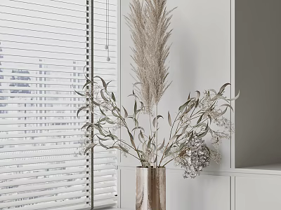 Modern Copper Vase with Dried Pampas Grass and Eucalyptus Floral Arrangement by Window White Blinds 3d model