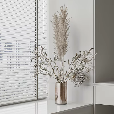 Modern Copper Vase with Dried Pampas Grass and Eucalyptus Floral Arrangement by Window White Blinds 3d model