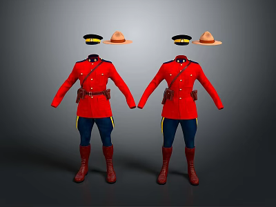 Red Uniforms with Blue Pants Yellow Stripes Brown Belt Boots and Black Brown Hats 3d model