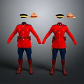 Red Uniforms with Blue Pants Yellow Stripes Brown Belt Boots and Black Brown Hats