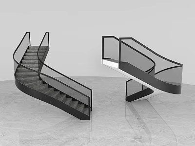Modern Curved Stairs With Glass Railings And Black White Spiral Structure On Marble Floor 3d model