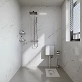Modern Minimalist Bathroom With White Marble Tiles And Bright Sunlit Shower Area With Window Blinds