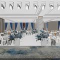 Elegant Banquet Hall With Marble Floor White Tables And Blue Curtains