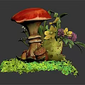 Vibrant Plant Display With Red Mushroom White Daisies Green Leaves Acorns Clover And Grassy Base