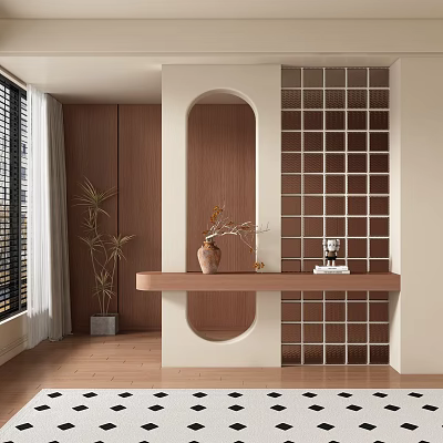 Modern Entryway Interior Design With Wooden Arched Grid Partition Console Table And Decorative Plants 3d model