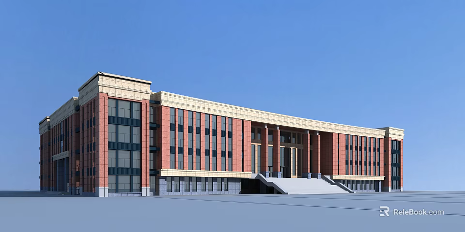 Red Brick Library Building With Large Windows Columns And Entrance Steps 3d model