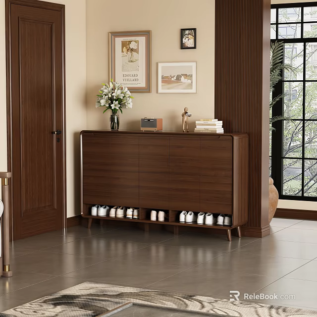Modern Luxury Dining Living Room Interior With Walnut Sideboard Vase Books And Open Space 3d model 