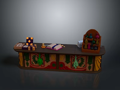 Decorative Wooden Counter With Ornate Carvings Boxes Book And Glass Bottles 3d model