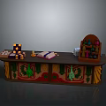 Decorative Wooden Counter With Ornate Carvings Boxes Book And Glass Bottles
