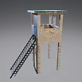 Guard Tower With Metal Stairs Blue Door Yellow Warning Sign And Concrete Walls