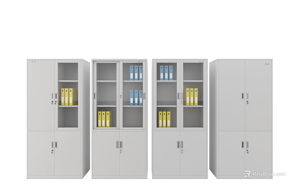 Gray Metal Bookcases With Glass And Solid Doors Storing Yellow And Blue Folders 3d model 