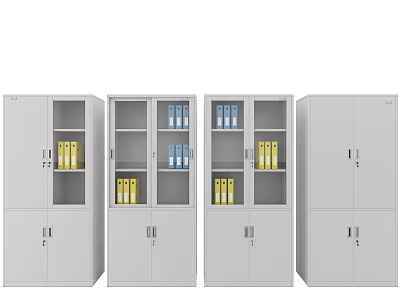 Gray Metal Bookcases With Glass And Solid Doors Storing Yellow And Blue Folders 3d model