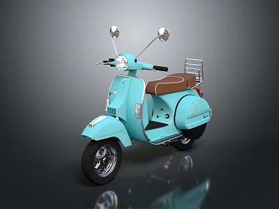 Vintage Light Blue Scooter With Brown Seat Rearview Mirrors And Rear Rack 3d model