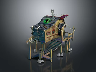 Unique Wooden Elevated Building Structure With Staircase Flag And Decorative Lanterns 3d model