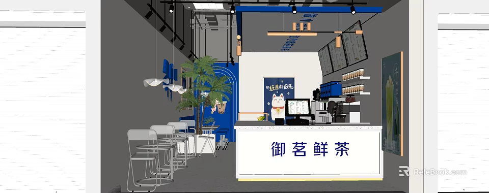 Modern Milk Tea Shop Interior Design With Counter Tables Chairs And Decorative Plants 3d model 