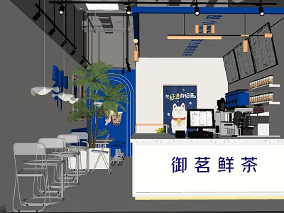 Modern Milk Tea Shop Interior Design With Counter Tables Chairs And Decorative Plants 3d model