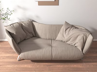 Modern Beige Leather Sofa With Cushions On Wooden Floor White Wall Green Plant 3d model