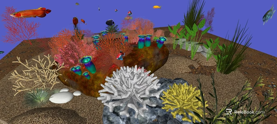 Colorful Underwater Landscape With Various Corals Fish Seaweed And Rocks On Sand 3d model 