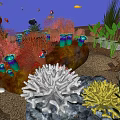 Colorful Underwater Landscape With Various Corals Fish Seaweed And Rocks On Sand